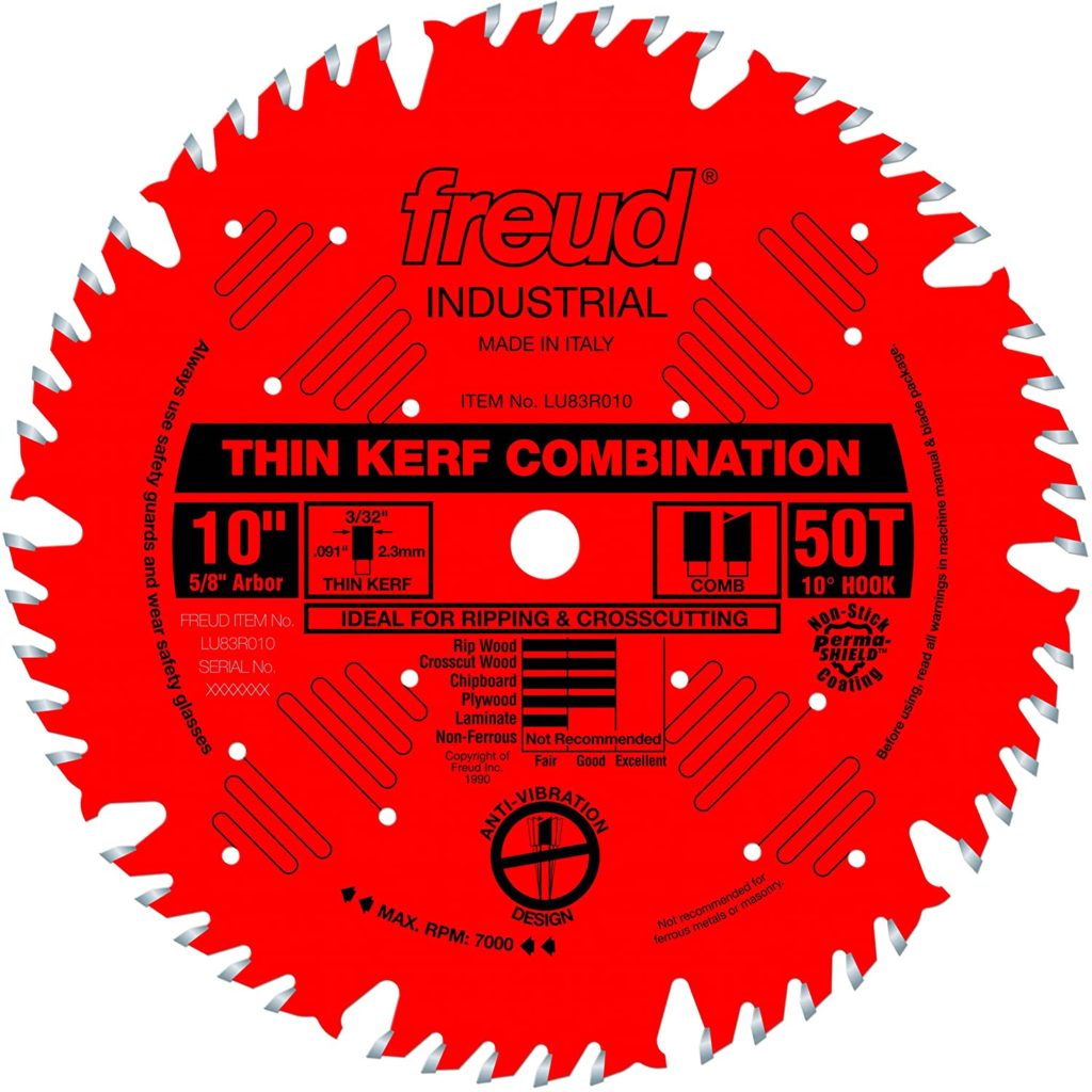 Freud 10″ x 50T Thin Kerf Combination Blade (LU83R010)
